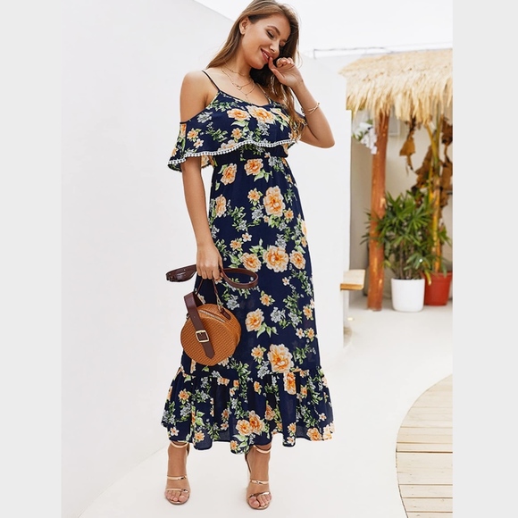 Rouge! Dresses & Skirts - Navy Floral Cold Shoulder Ruffle Maxi Dress PomPom